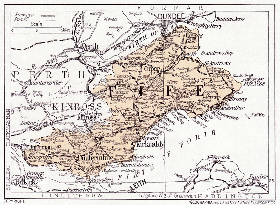 1923 map of Scotland old Fifeshire, Fife, readymounted antique print